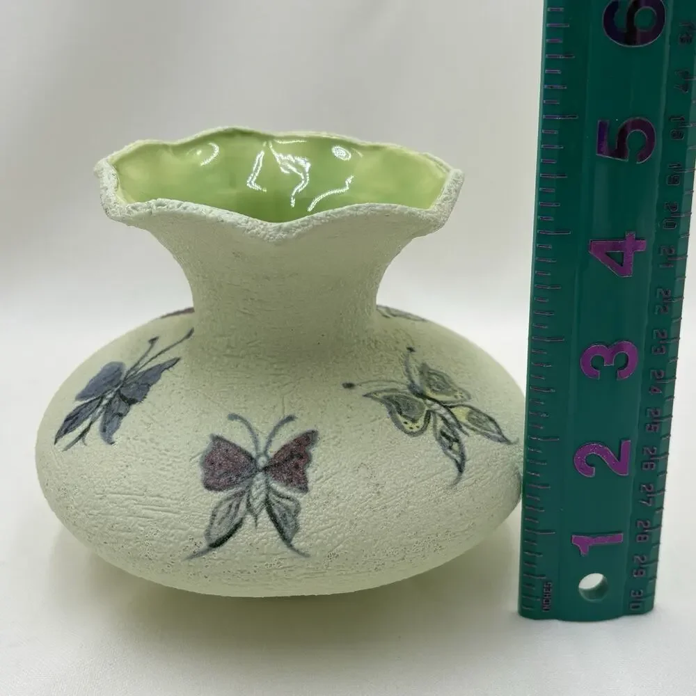 Vintage Hand Painted Textured Green Ceramic Artisan Vase With Butterflies